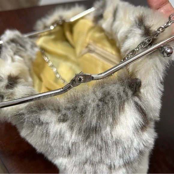 Adorable Faux Fur Mini Handbag Purse Asymmetrical Handle Silver Hardware Clean - Picture 11 of 15